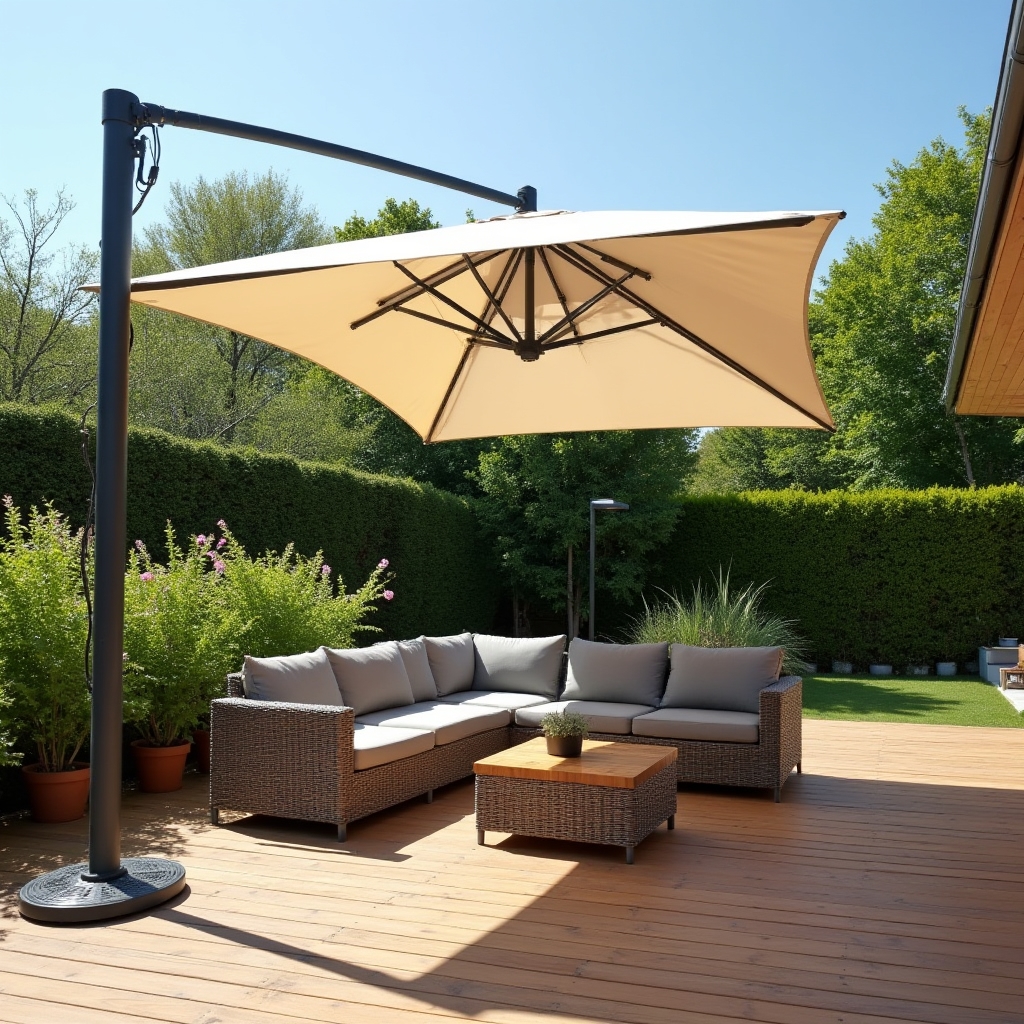 Umbrelă de soare mare pe o terasă cu mobilier exterior
